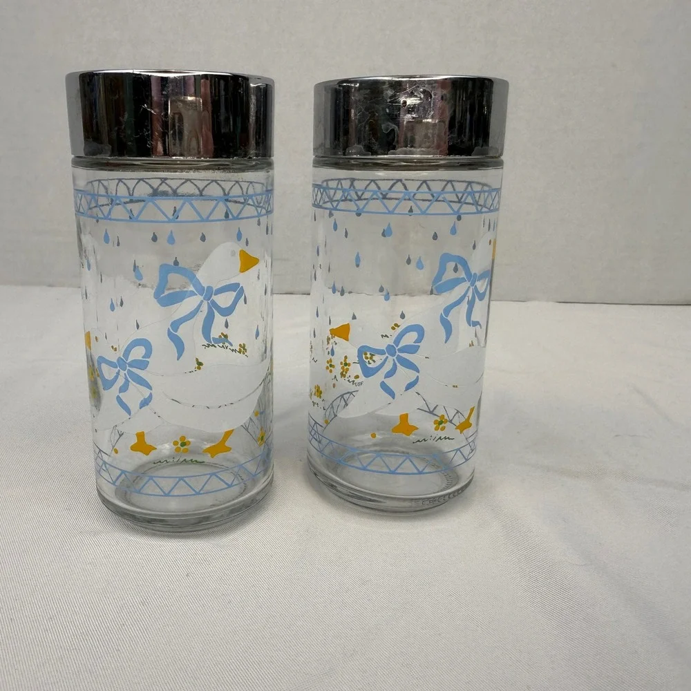Vintage Anchor Hocking Country Goose Blue Bow Salt Pepper Shakers Set 1987 Glass